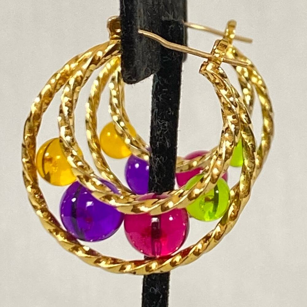 💎Hoop Earrings Gold Tone Twists Holding Colored Beads